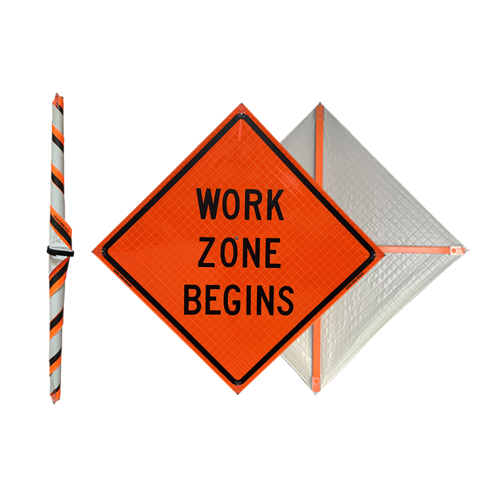 48 Inch Reflective Work Zone Begins Roll Up Traffic Sign - 